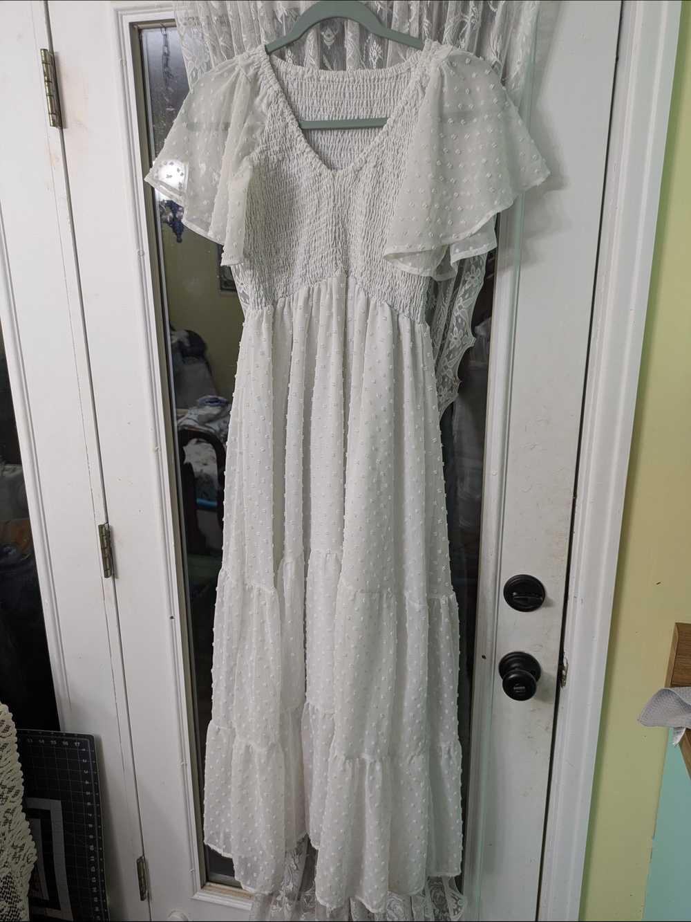 Women's White Swiss Dot Maxi Dress with Flutter Sleeves